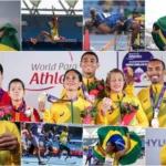 Mosaico com participações e conquistas expressivas do Brasil no Mundial de Nova Déli, na Índia: país à frente do quadro de medalhas pela primeira vez na história. Os 50 atletas nacionais integram o Bolsa Atleta do Governo do Brasil. Fotos: Alessandra Cabral e Cris Mattos / CPB