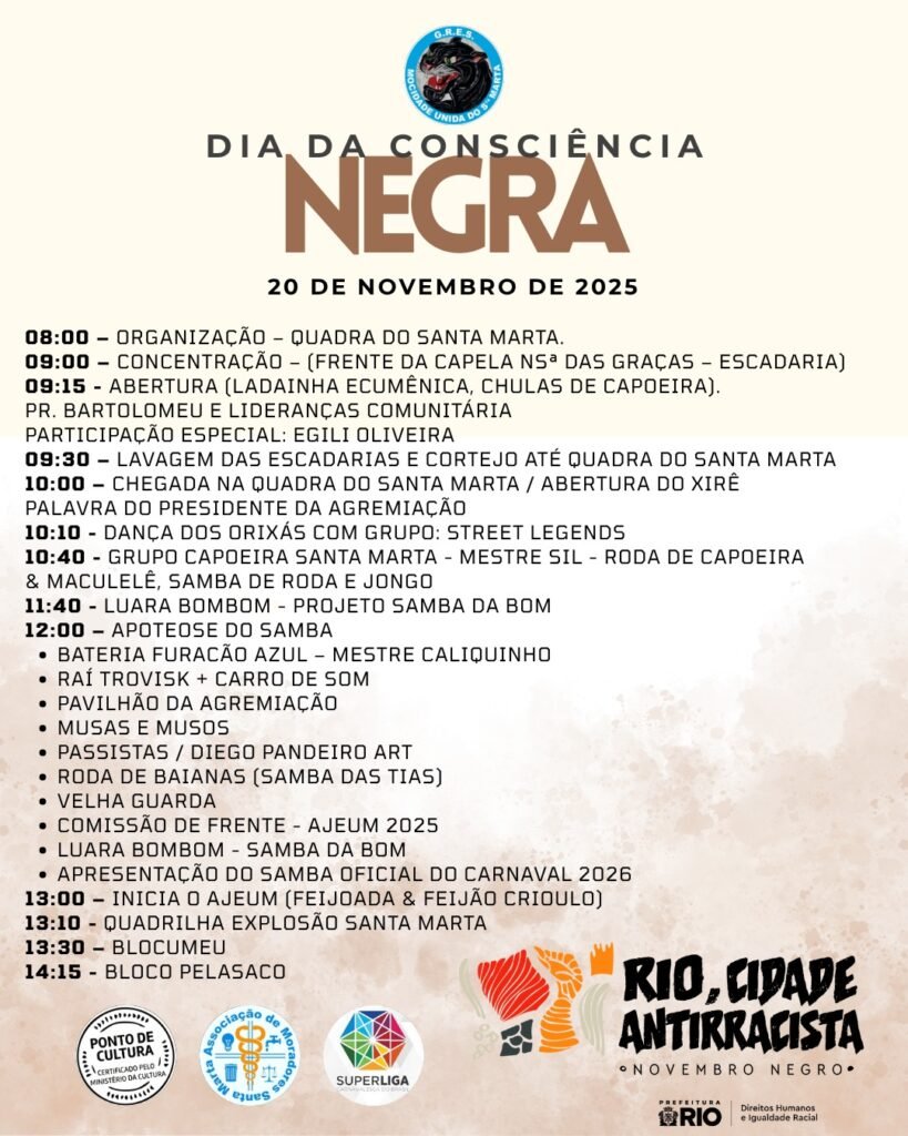 Mocidade Unida do Santa Marta celebra o Dia da Consciência Negra com programação especial na comunidade
