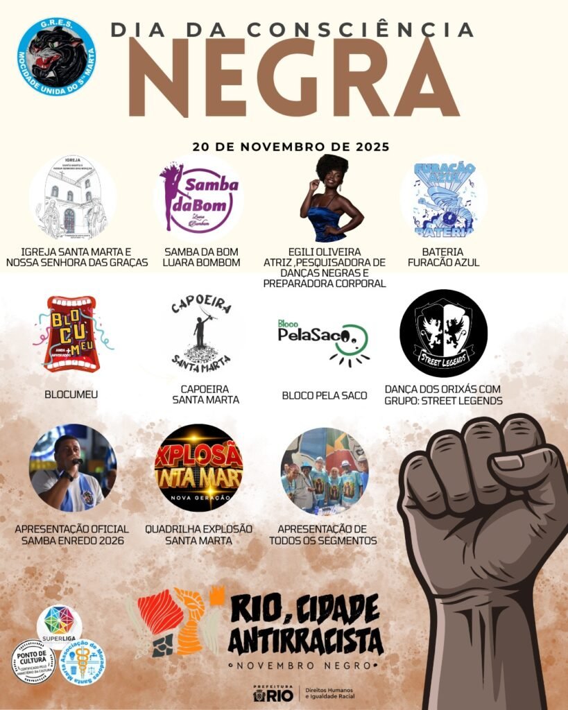 Mocidade Unida do Santa Marta celebra o Dia da Consciência Negra com programação especial na comunidade

