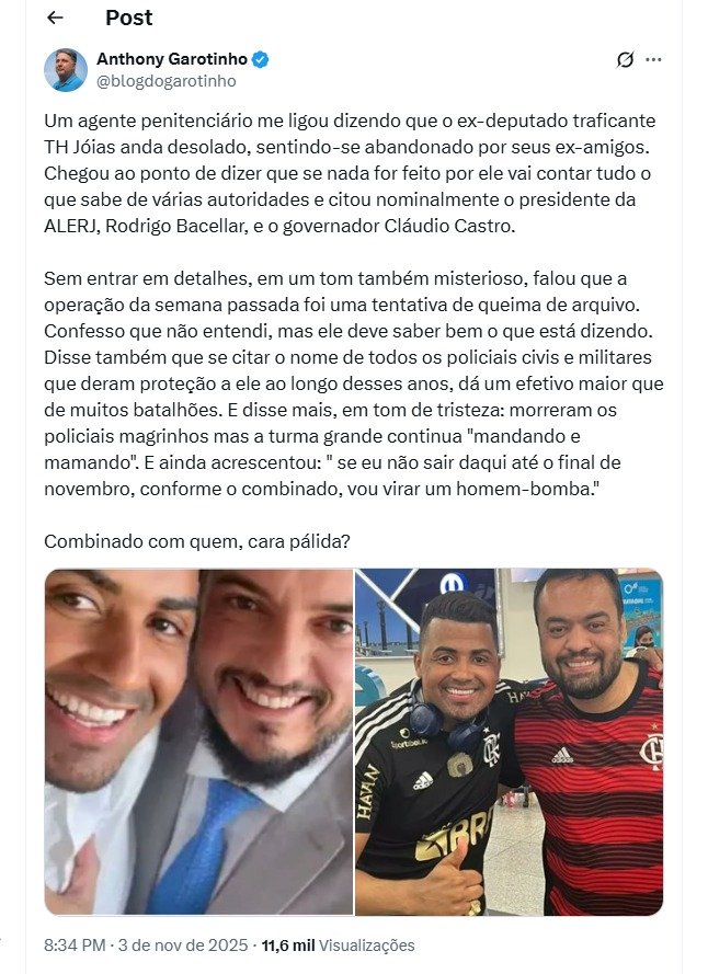 Ex-governador Garotinho revela ameaças de ex-deputado TH Joias contra Cláudio Castro e autoridades do RJ