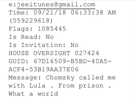 Governo nega ligação de Lula com Jeffrey Epstein | Diário Carioca Telegrama de Epstein mencionando uma suposta ligação de Chomsky a Epstein enquanto visitava Lula na prisão em Curitiba. Reprodução