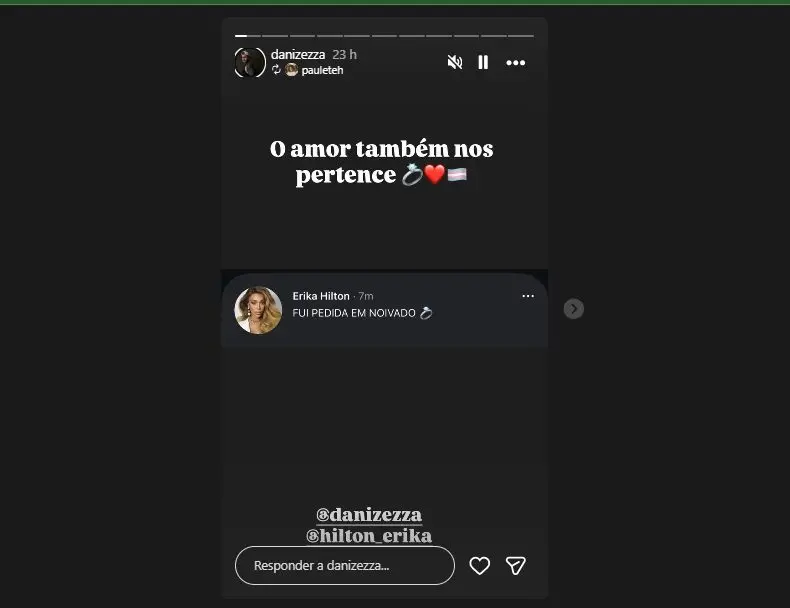 Postagem nos stories de Daniel Zezza, noivo de Erika Hilton. Reprodução Instagram