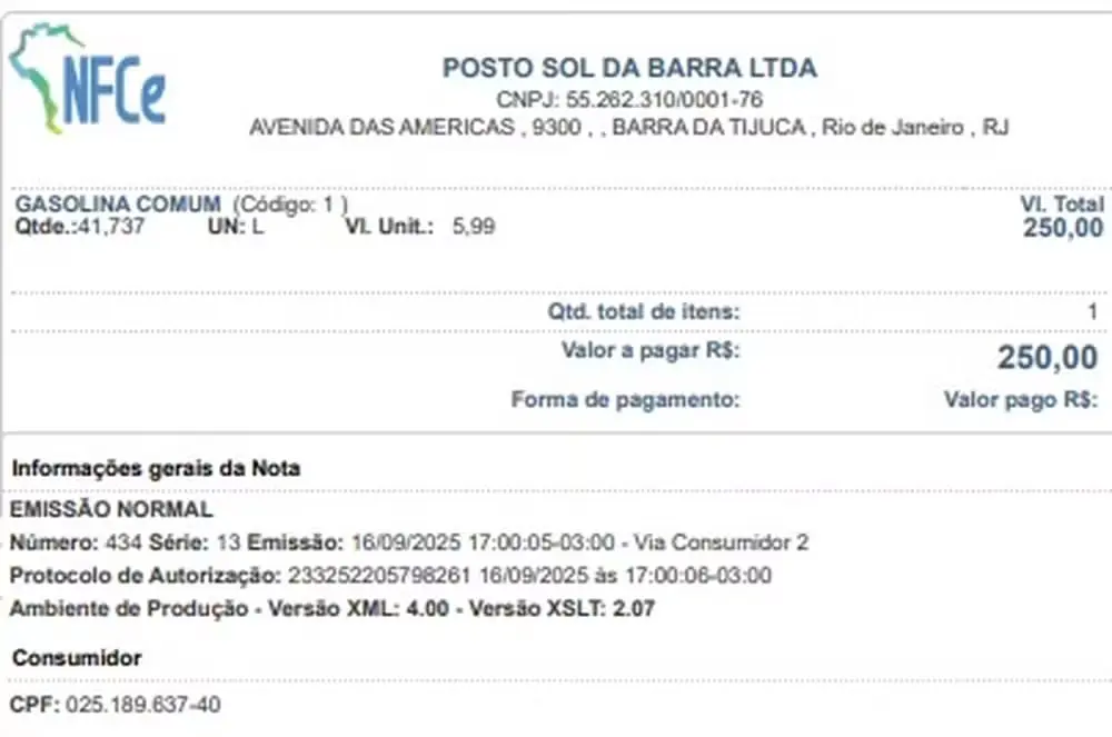Nota de abastecimento apresentada por Ramagem, com seu CPF, aponta abastecimento em posto de gasolina no Rio durante votação da PEC da Blindagem — Foto: Reprodução
