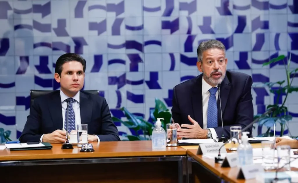 Hugo Motta e Arthur Lira na reunião do Colégio de Líderes