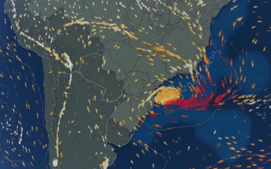 Rio de Janeiro em estágio 2 por ciclone extratropical com ventos fortes e ressaca | Diário Carioca Mapa de previsão climática destaca o ciclone extratropical sob a região Sul e Sudeste. Foto: Reprodução/Climatempo