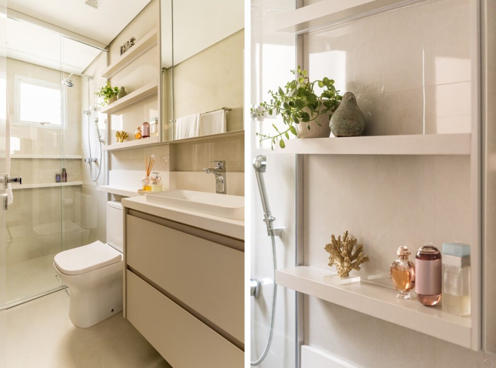 Prateleiras de pedra são mais resistentes, e, segundo a arquiteta Cinthia Claro, são boas pedidas para projetos de banheiros | Fotos: Erika Waldmann