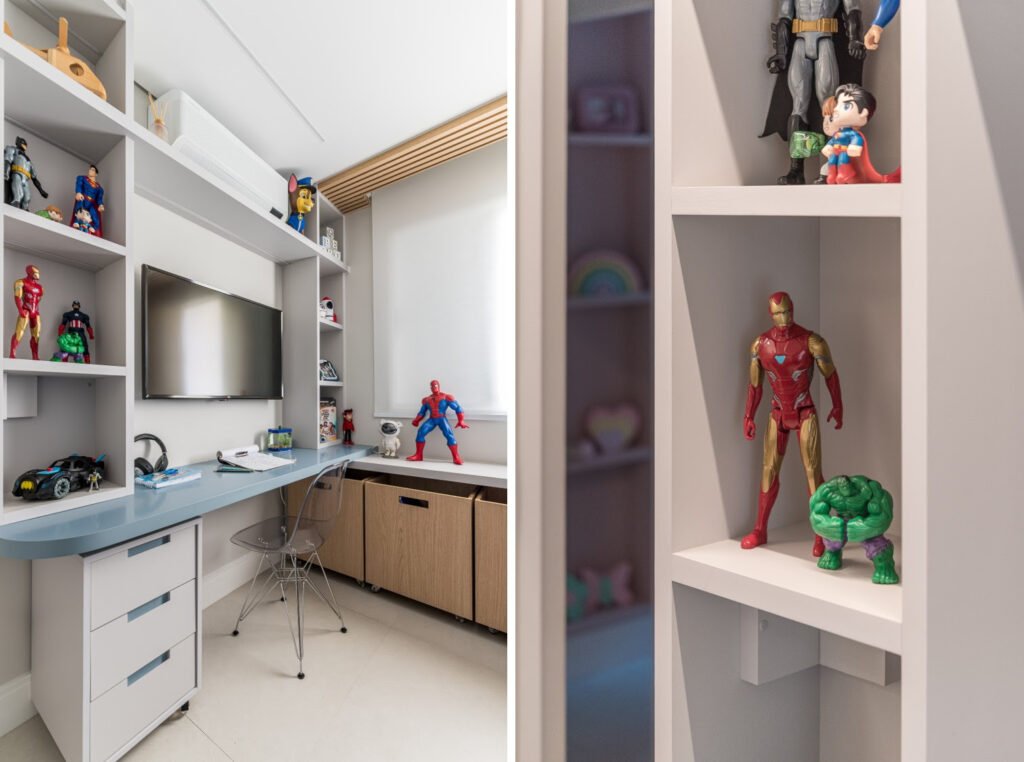 Em quartos infantis, a arquiteta Cinthia Claro sugere posicionar prateleiras no alcance da criança, permitindo que ela alcance os brinquedos e livros com facilidade | Foto: Erika Waldmann