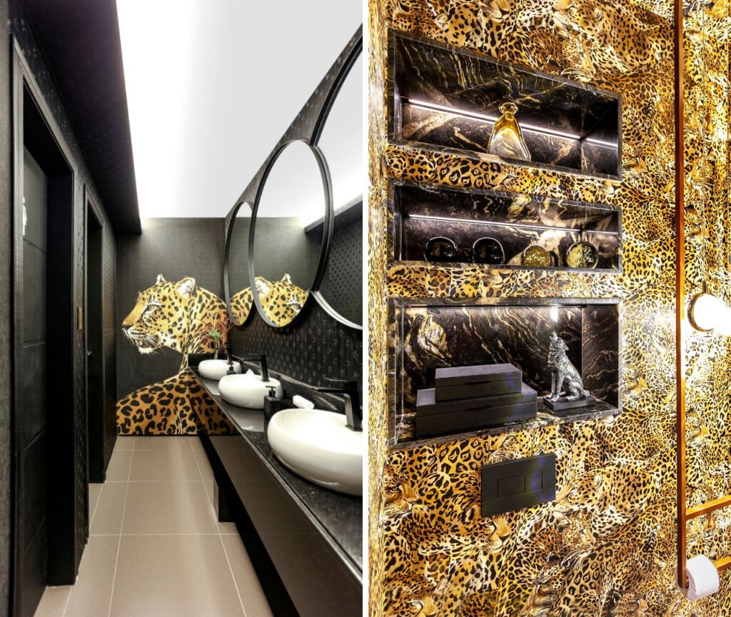 Nestes lavabos, a arquiteta Cristiane Schiavoni optou pelos papéis de parede de onça da grife Dolce& Gabbana, reforça a busca por sofisticação e surpresa| Fotos: Carlos Piratininga