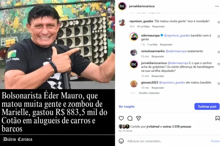 Deputado bolsonarista Éder Mauro repete frase “bandido nem é gente” em post do Diário Carioca sobre gastos de R$ 883,5 mil do Cotão. Histórico de violência, ataques aos direitos humanos e contradições do PL expõem despreparo parlamentar.
