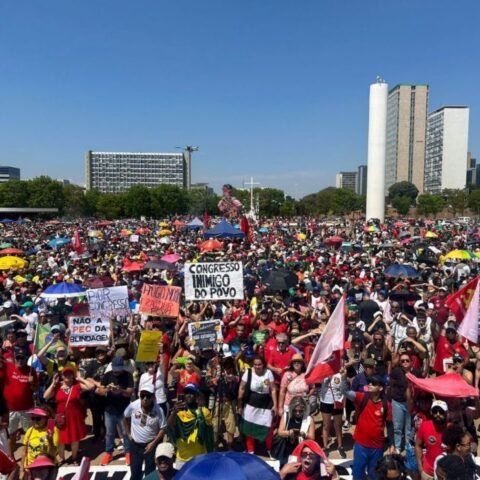 Cartazes e bandeiras nas ruas do país denunciam tentativa de anistia a golpistas do 8 de janeiro | Crédito: Luiza Melo/Brasil de Fato DF Facebook