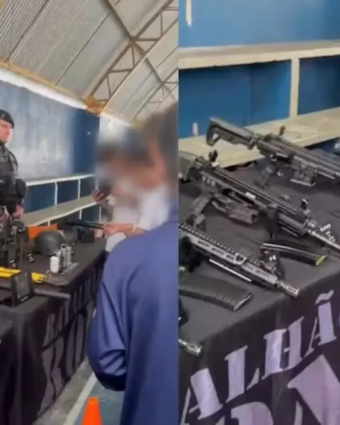 Evento em colégio cívico-militar faz exposição de armas para estudantes no Paraná — Foto: Reprodução