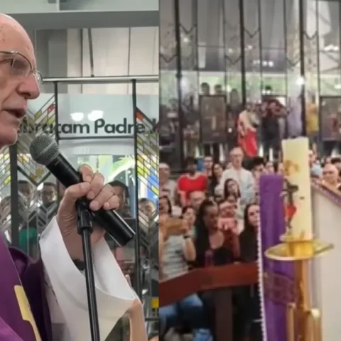 Padre Júlio durante missa na Igreja São Judas, neste domingo (21). Foto: Reprodução/Jornalistas Livres
