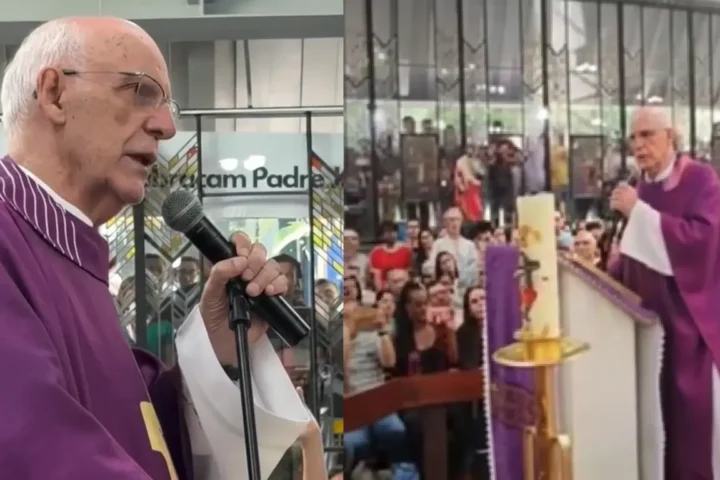 Padre Júlio durante missa na Igreja São Judas, neste domingo (21). Foto: Reprodução/Jornalistas Livres
