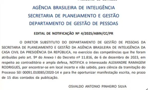 Alexandre Ramagem é notificado. Foto: Reprodução