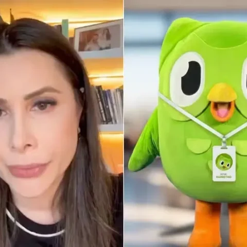 A deputada bolsonarista Carol de Toni (PL) e mascote do Duolingo. Foto: Reprodução