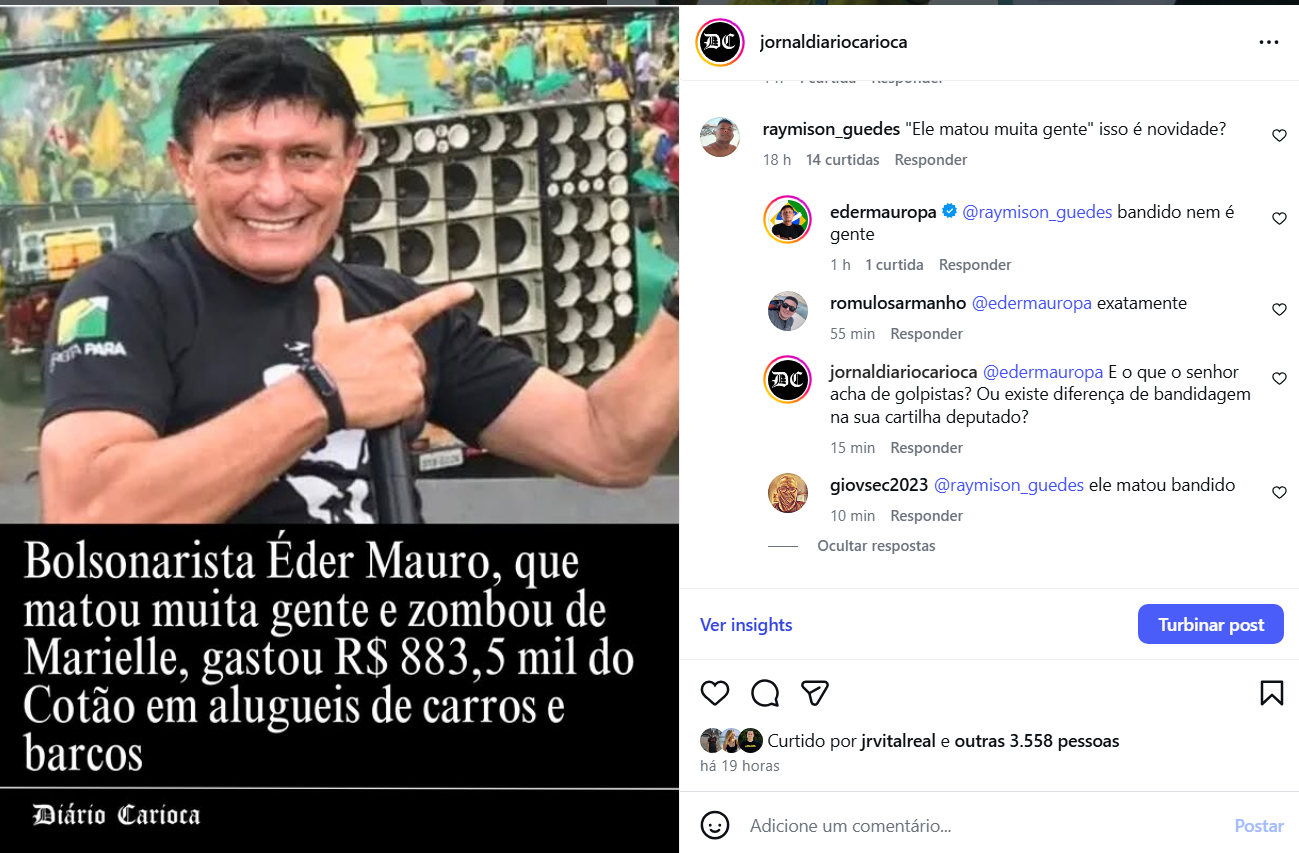 Deputado bolsonarista Éder Mauro repete frase “bandido nem é gente” em post do Diário Carioca sobre gastos de R$ 883,5 mil do Cotão. Histórico de violência, ataques aos direitos humanos e contradições do PL expõem despreparo parlamentar.