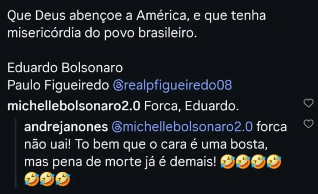 Comentários de Michelle e André Janones na publicação de Eduardo Bolsonaro. Foto: reprodução