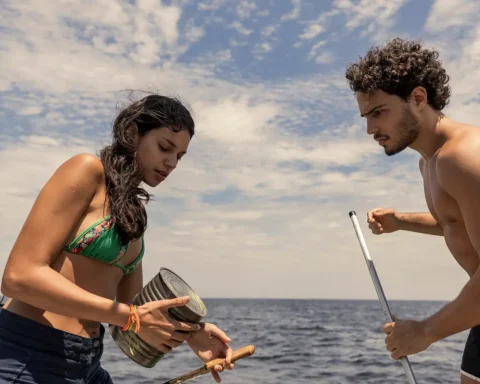 Babu Santana e Samantha Schmutz interpretam os policiais Brasa e Sandra; e Alane Dias e Igor Jansen são os irmãos Marina e Chico, uns dos primeiros a encontrar as latas. Fotos: Luciana Melo