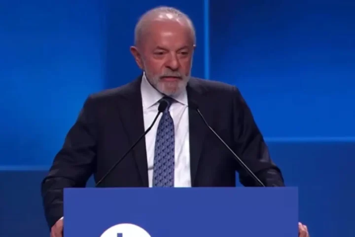 O presidente Luiz Inácio Lula da Silva no lançamento do “SBT News”, em São Paulo