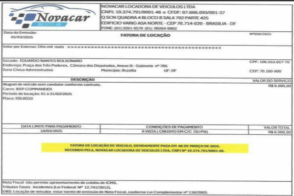 Nota fiscal de prestação de serviço. Foto: Reprodução/Câmara dos Deputados