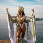 Musa da Mangueira em preparação estética pré-Carnaval, com corpo definido e iluminação de ensaio.