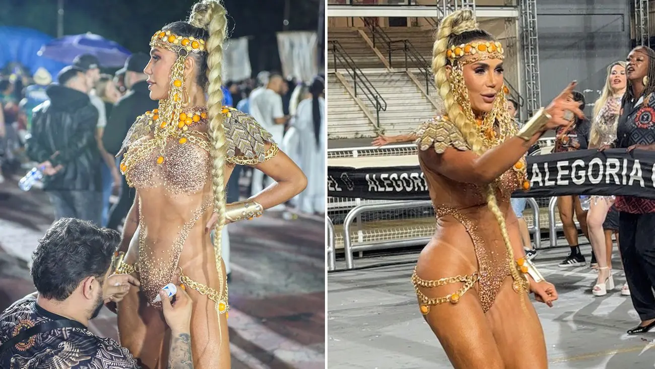 Musa da Gaviões, Francine Carvalho mostra truque para fixar tapa-sexo em ensaio técnico: “supercola” Musa da Gaviões, Francine Carvalho mostra truque para fixar tapa-sexo em ensaio técnico: “supercola”