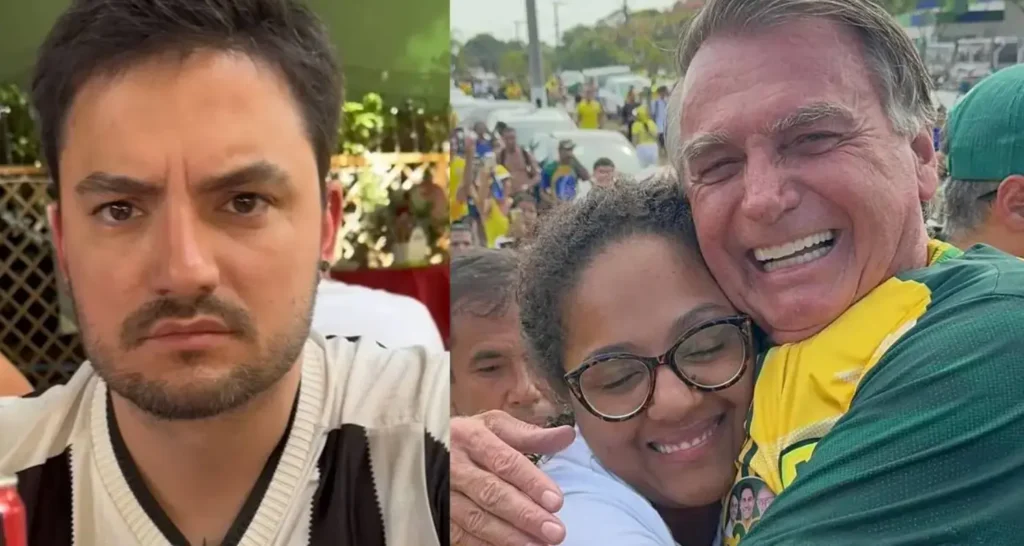 Felipe Neto e a vereadora Sonaira Fernandes abraçando o ex-presidente Jair Bolsonaro. Foto: Divulgação

