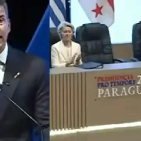 O presidente paraguaio Santiago Peña, e a mesa composta por Ursula von der Leyen e Javier Milei. Foto: Reprodução/Redes Sociais.
