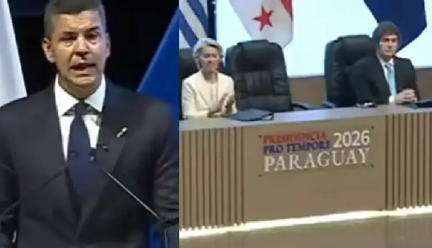 O presidente paraguaio Santiago Peña, e a mesa composta por Ursula von der Leyen e Javier Milei. Foto: Reprodução/Redes Sociais.