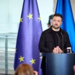 O presidente da Ucrânia, Volodimir Zelenski, em evento na União Europeia