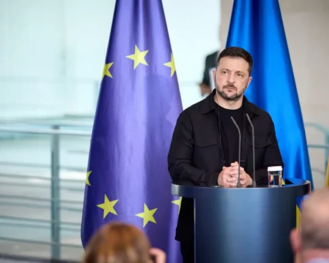 O presidente da Ucrânia, Volodimir Zelenski, em evento na União Europeia