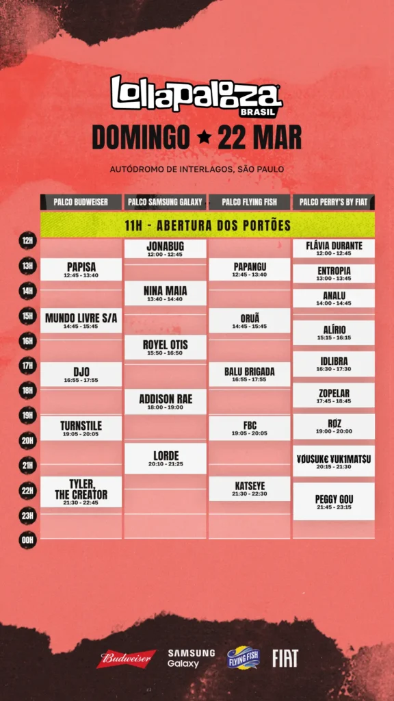 Lollapalooza Brasil 2026, programação Domingo, 22 de março| Imagem: Divulgação/ Lollapalooza