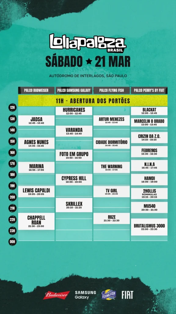 Lollapalooza Brasil 2026, programação Sábado, 21 de março| Imagem: Divulgação/ Lollapalooza
