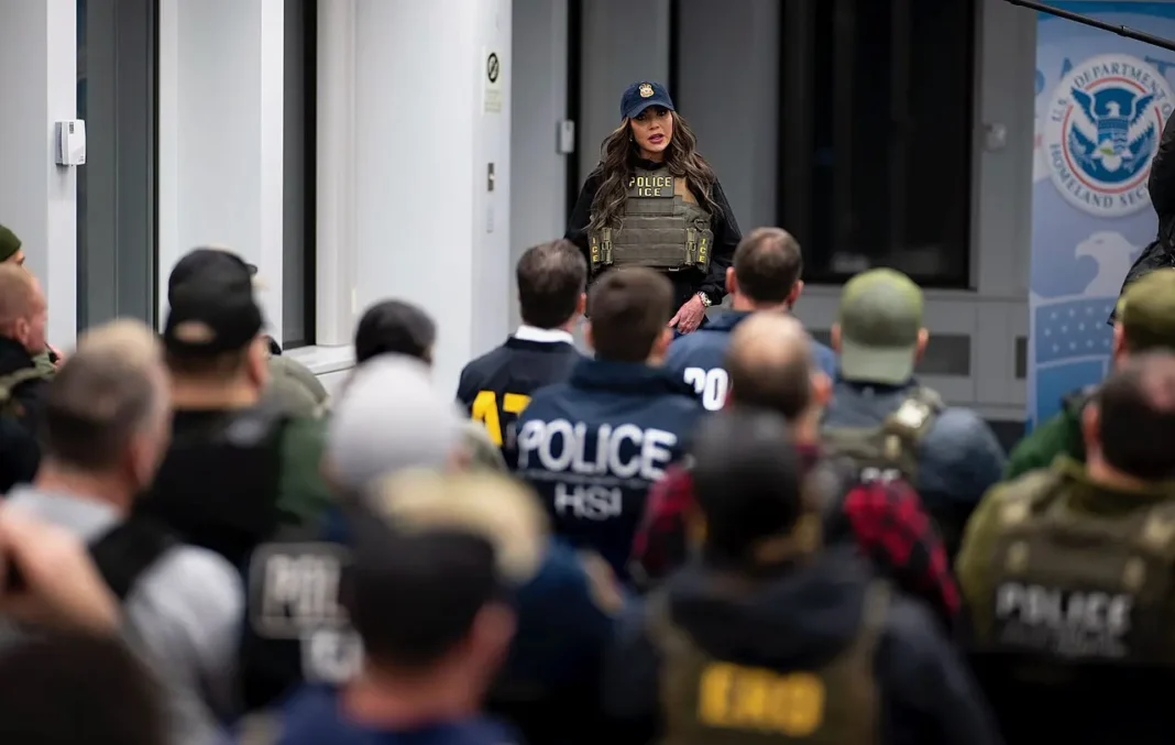 Kristi Noem leading an ICE raid on illegal immigrants in New York City, 2025.