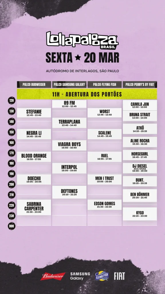 Lollapalooza Brasil 2026, programação Sexta-feira,  20 de março| Imagem: Divulgação/ Lollapalooza 