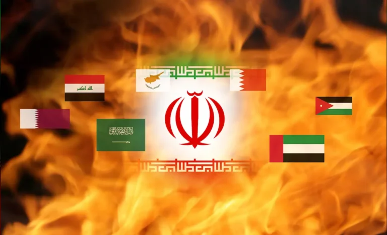 Geopolitical conflict in the Middle East concept 2026. Iranian flag surrounded by flags of Saudi Arabia, UAE, Qatar, Iraq, and Jordan on a background of intense fire and flames. — Photo